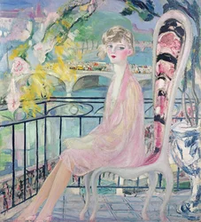 Porträt von Dolly Davis auf einem Balkon vor der alten Brücke von Alma